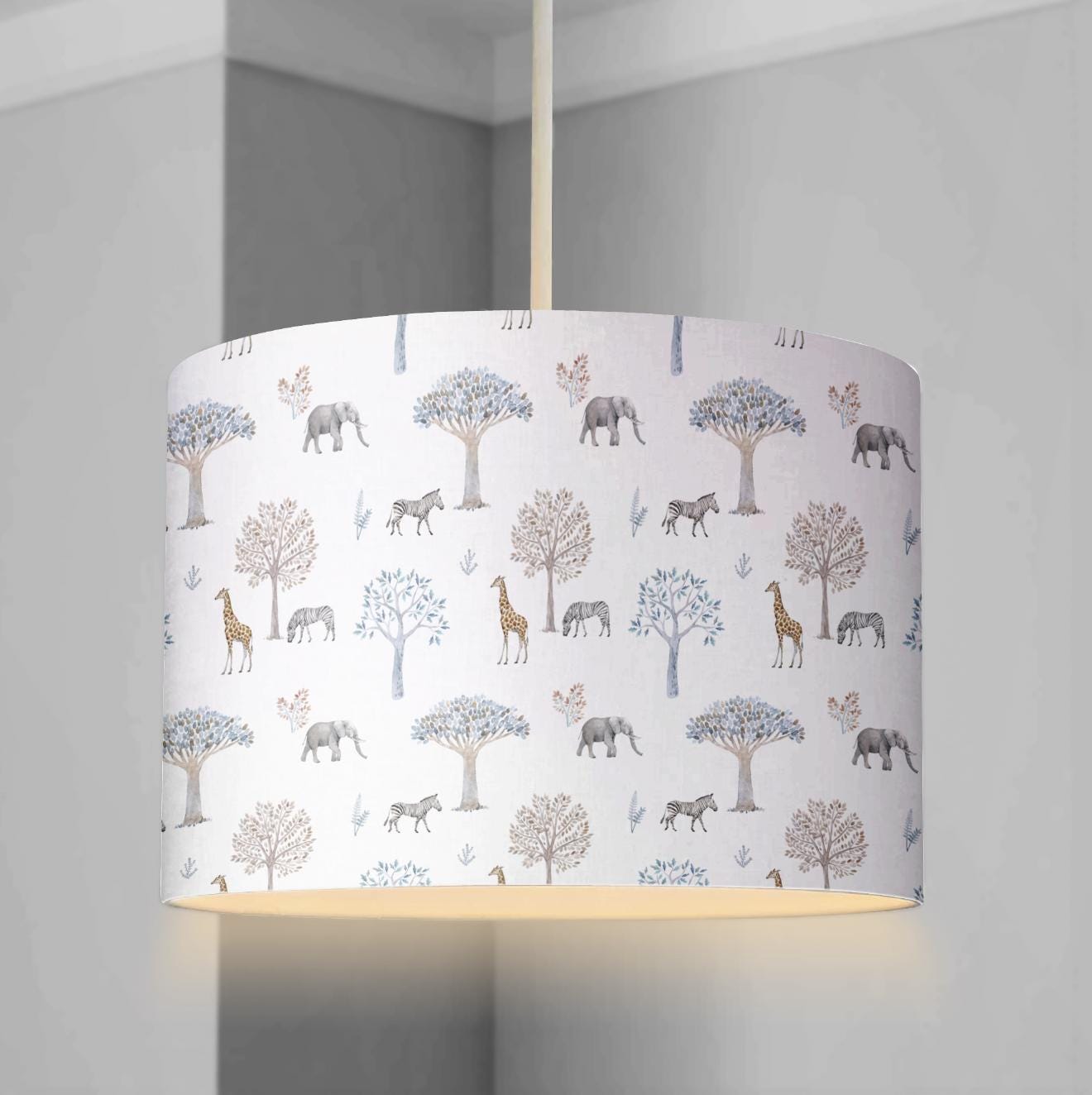 Watercolour Plain Safari, Zebra, Elephant, Giraffe - Lampshade