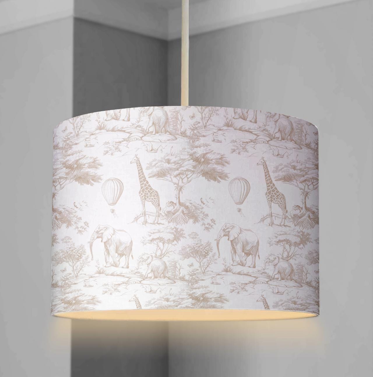 LAMPSHADE - Nursery Chinoiserie Toile de Jouy Safari - BEIGE, Lampshade or Table lampshade - Childrens Room Lampshade - Round Lampshade