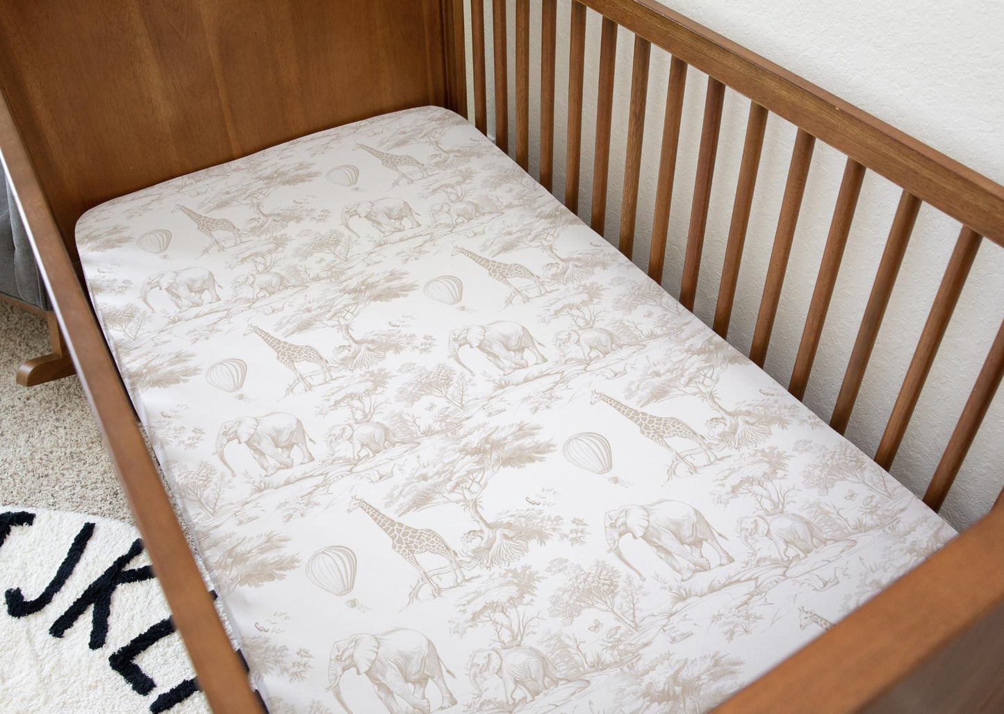 Chinoiserie Toile de Jouy Safari - BEIGE, Bedding, Duvet Covers, Fitted Sheets, Safari theme with Hot Air Balloon, Kids Bedding