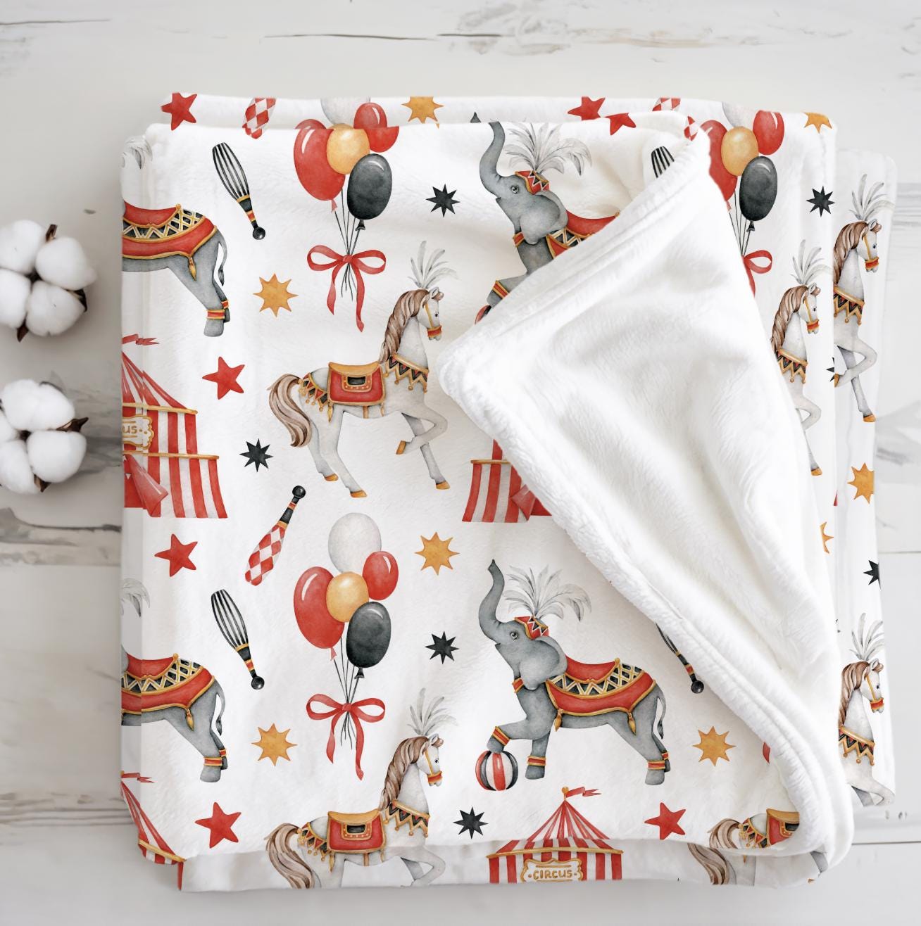 Circus - Red, Sherpa Fleece Blanket, Decor, Kids Bedding, Blankets, Children's Room, Circus Tent, Elephants, Red, Balloons Blanket
