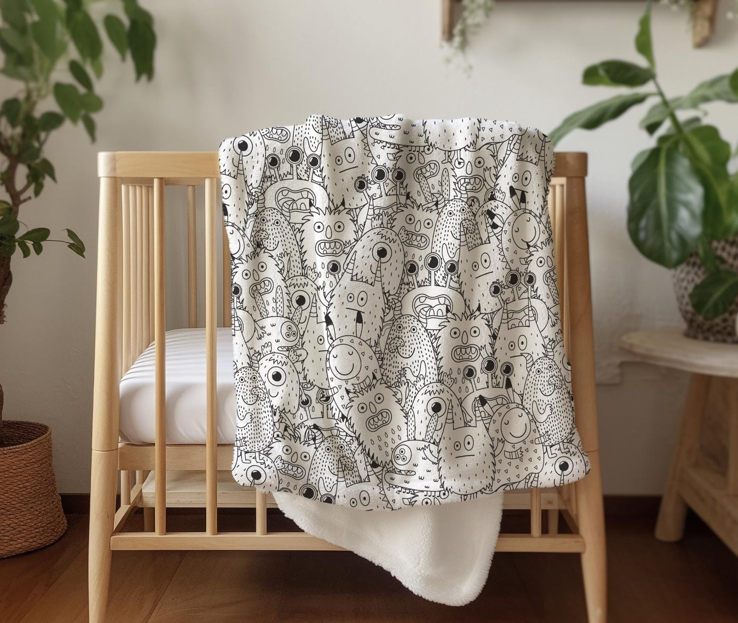 Monsters - Doodles, Sherpa Fleece Blanket, Decor, Kids Bedding, Blankets, Children's Room, Halloween Monsters, Line Doodle Fleece Blanket