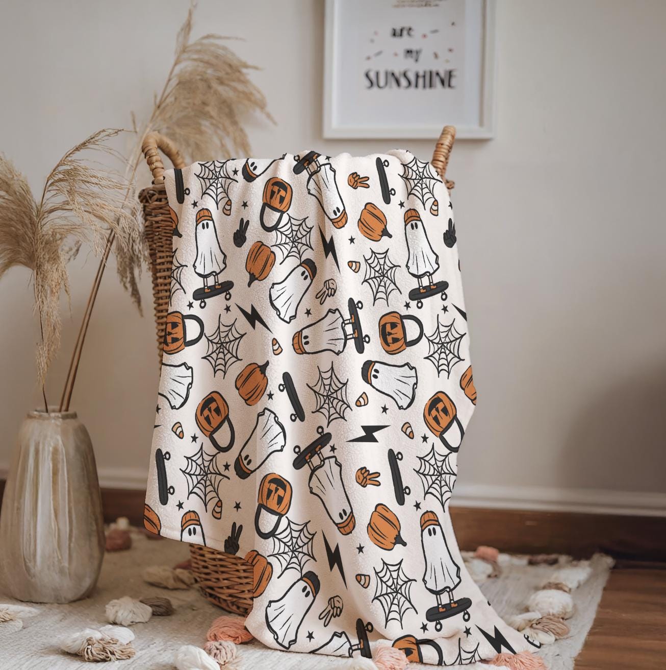Ghost - Skater, Sherpa Fleece Blanket, Decor, Kids Bedding, Blankets, Children's Room, Halloween Ghosts with Skateboards, Fleece Blanket