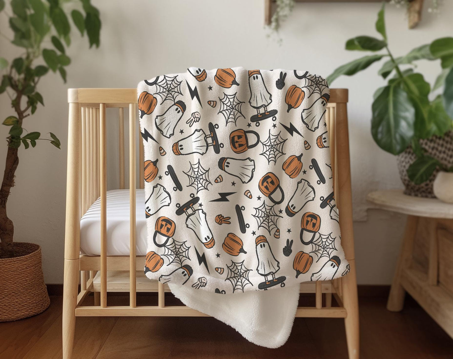 Ghost - Skater, Sherpa Fleece Blanket, Decor, Kids Bedding, Blankets, Children's Room, Halloween Ghosts with Skateboards, Fleece Blanket