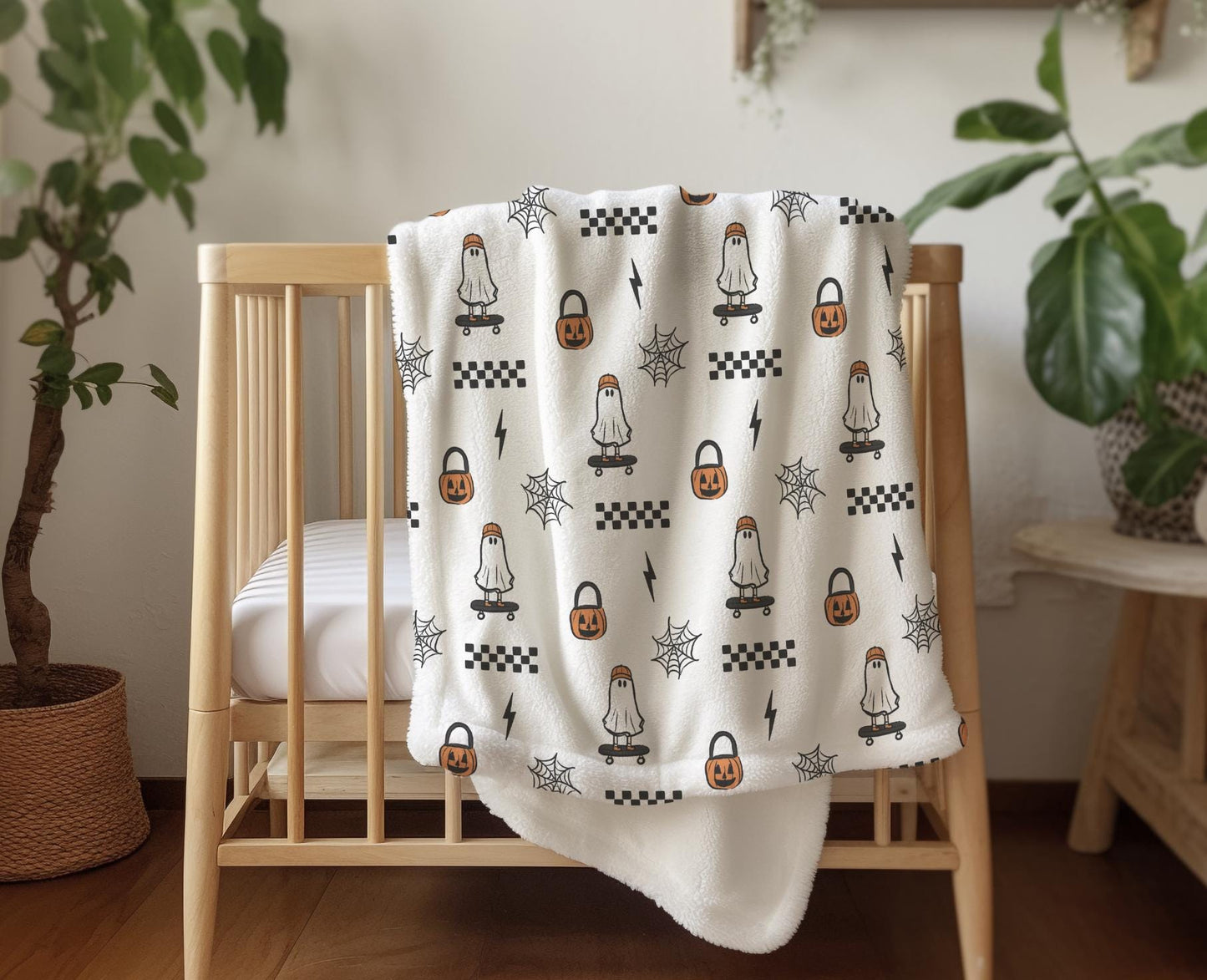 Ghost - Skateboard, Sherpa Fleece Blanket, Decor, Kids Bedding, Blankets, Children's, Halloween Ghost - Skateboard Checkered, Fleece Blanket