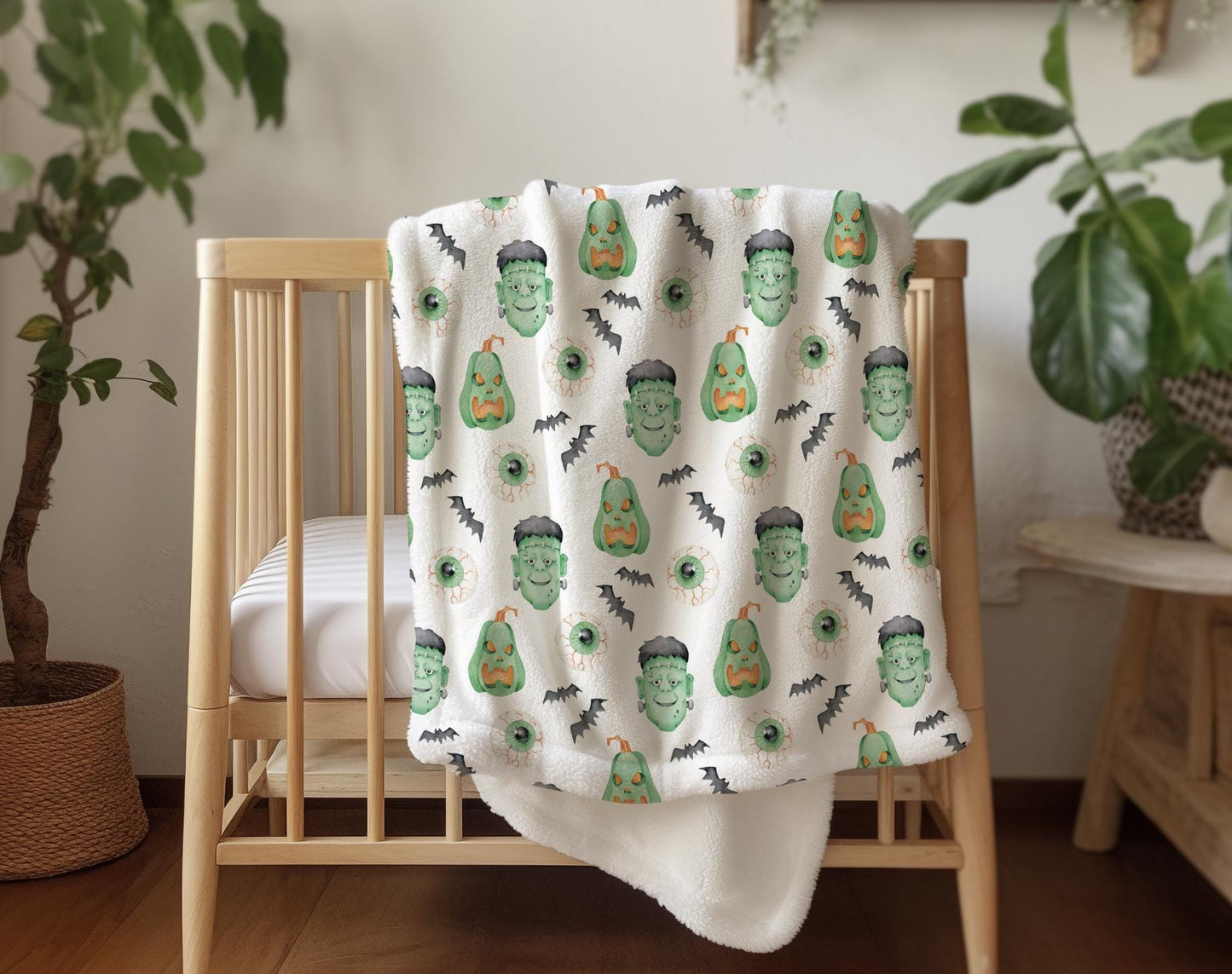 Frankenstein, Sherpa Fleece Blanket, Decor, Kids Bedding, Blankets, Children's Room, Halloween Frankenstein Green, Fleece Blanket