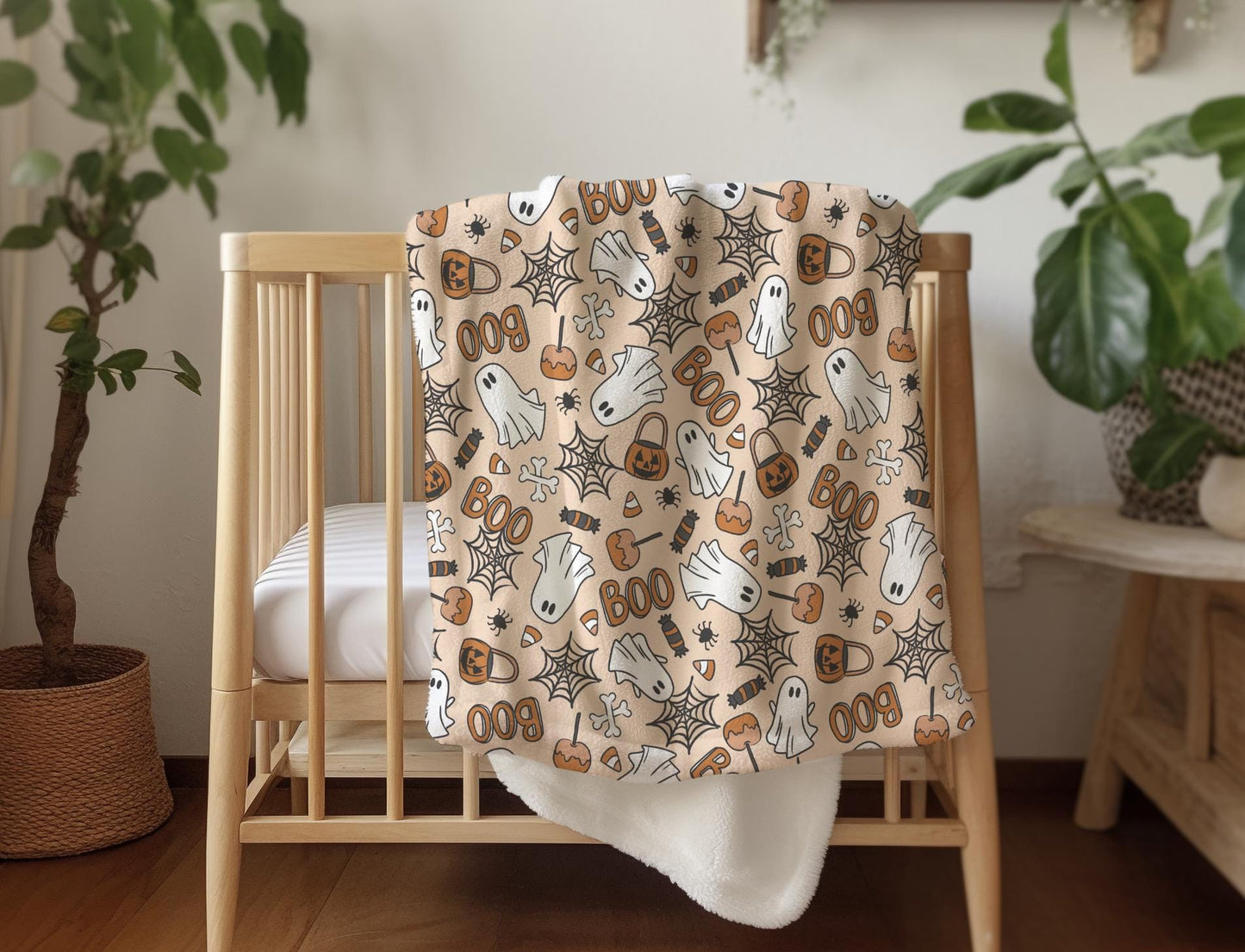Ghosts - Orange Boo, Sherpa Fleece Blanket, Decor, Kids Bedding, Blankets, Children's, Ghost Halloween, Candy, Boo, Fleece Blanket