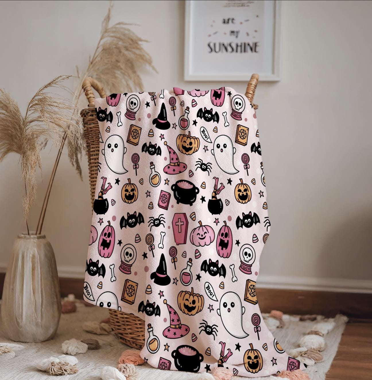 Halloween - Pink, Sherpa Fleece Blanket, Decor, Kids Bedding, Blankets, Children's, Ghost Halloween, Pumpkins, Fleece Blanket
