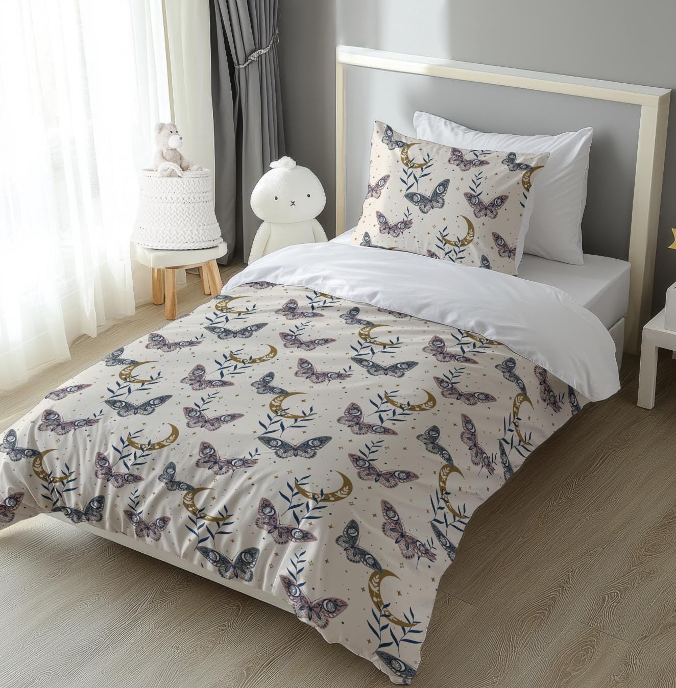 Celestial - Butterflies Beige, Bedding, Duvet Covers, Fitted Sheets, Butterflies Moon and Stars bedding, Modern Bedding, Kids Bedding