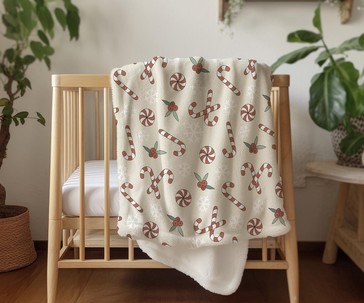 Candy Cane - Beige, Sherpa Fleece Blanket, Decor, Kids Bedding, Blankets, Children's Room, Christmas Festive Blanket