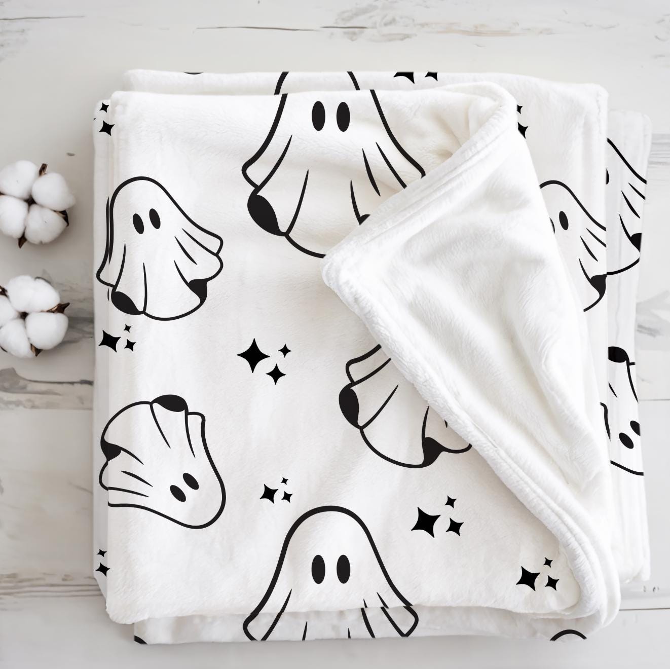 Ghosts - Monochrome, Sherpa Fleece Blanket, Decor, Kids Bedding, Blankets, Children's Room, Halloween Ghosts, Fleece Blanket