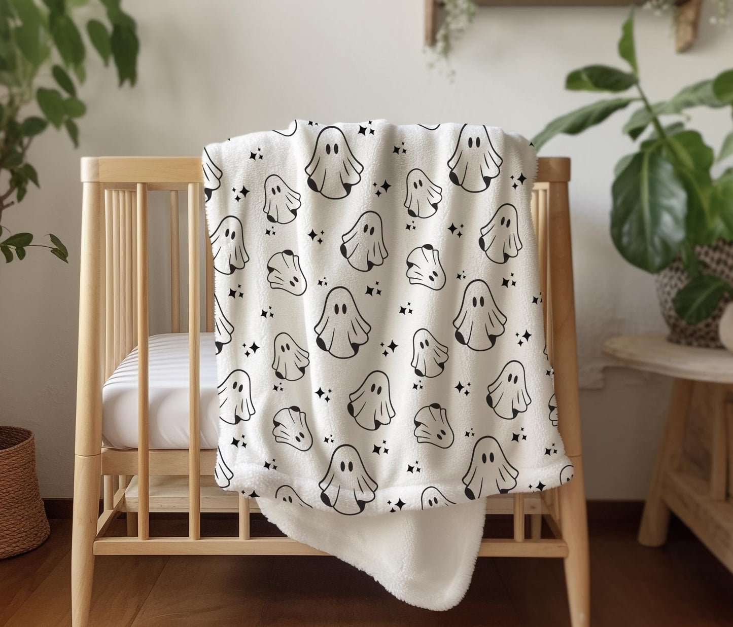 Ghosts - Monochrome, Sherpa Fleece Blanket, Decor, Kids Bedding, Blankets, Children's Room, Halloween Ghosts, Fleece Blanket