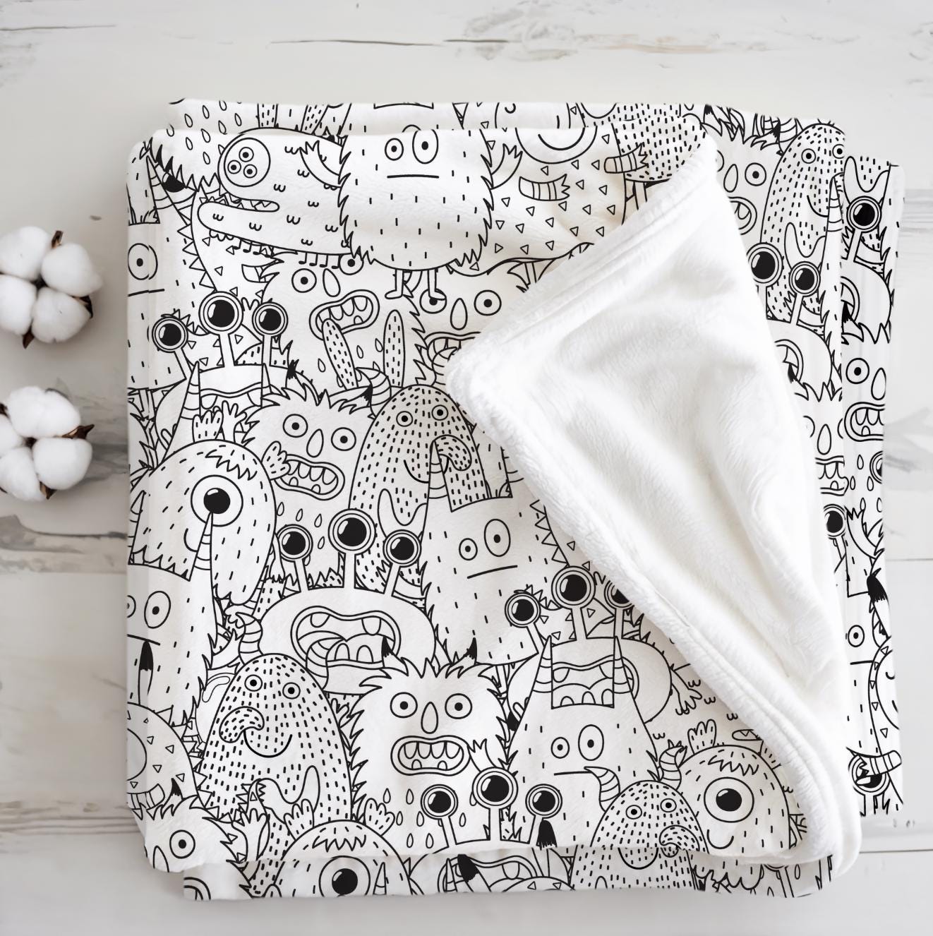 Monsters - Doodles, Sherpa Fleece Blanket, Decor, Kids Bedding, Blankets, Children's Room, Halloween Monsters, Line Doodle Fleece Blanket