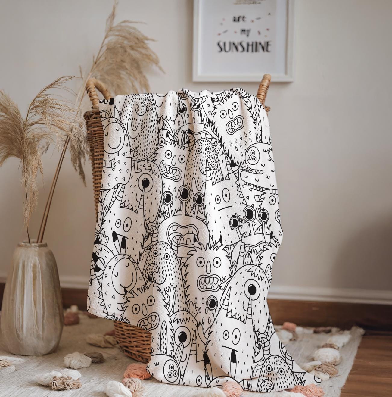 Monsters - Doodles, Sherpa Fleece Blanket, Decor, Kids Bedding, Blankets, Children's Room, Halloween Monsters, Line Doodle Fleece Blanket