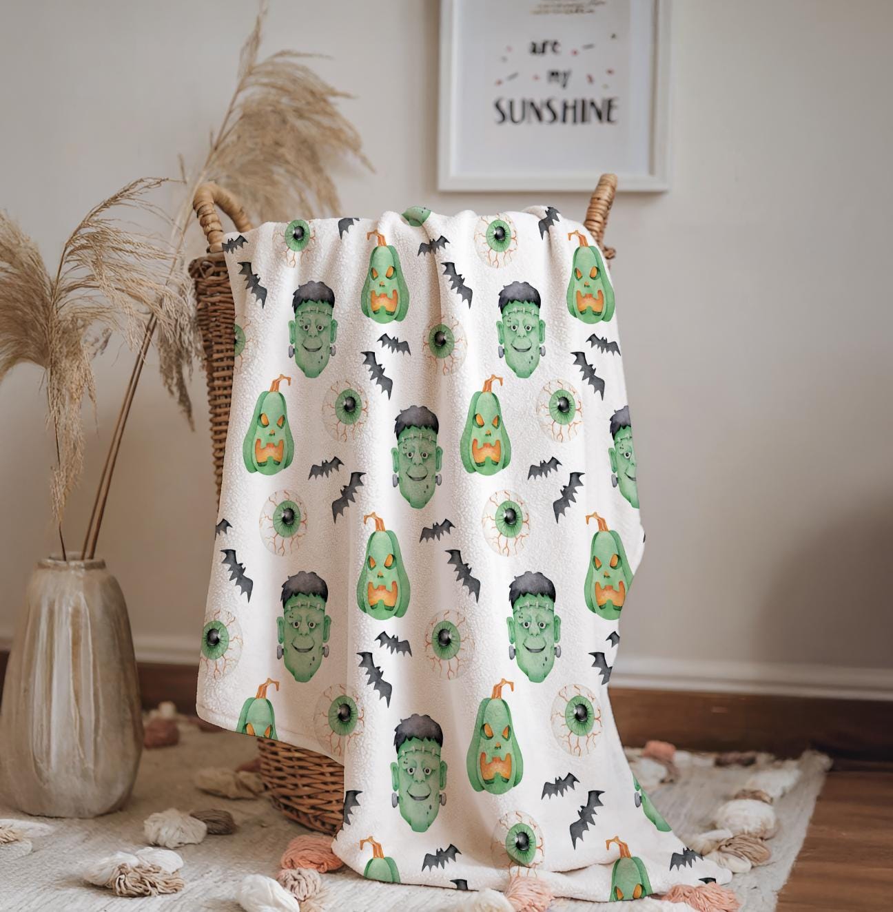 Frankenstein, Sherpa Fleece Blanket, Decor, Kids Bedding, Blankets, Children's Room, Halloween Frankenstein Green, Fleece Blanket