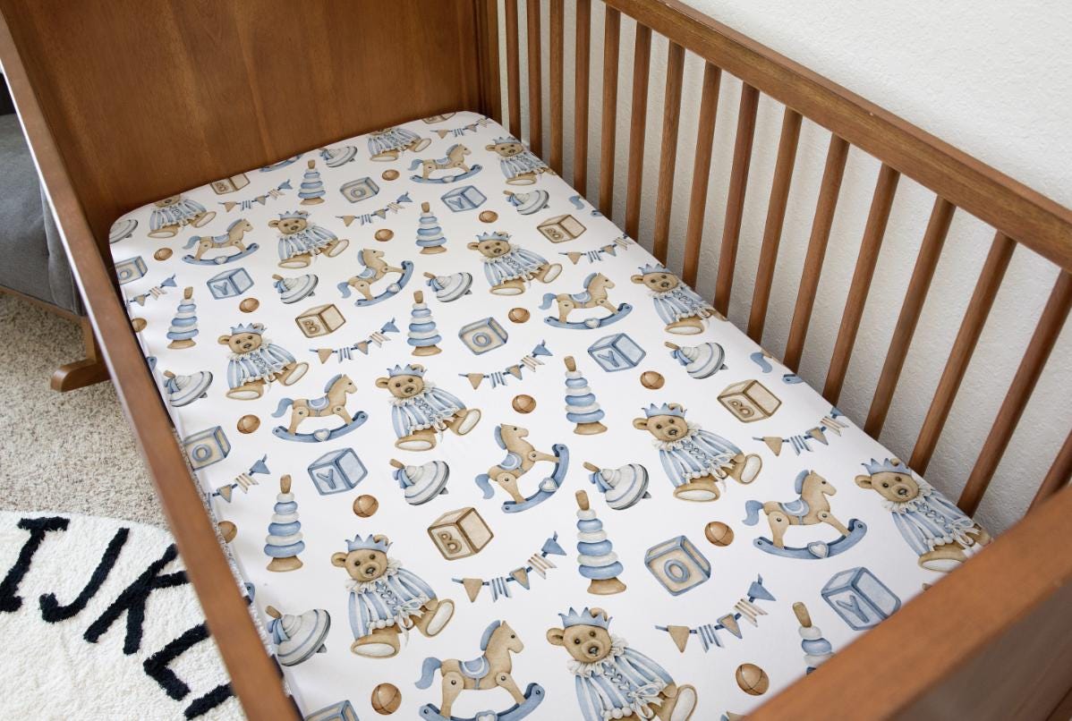 Vintage Bear - Blue, Bedding, Duvet Covers, Fitted Sheets, Vintage Blue Bears bedding, Cute Vintage Rocking Horse Bedding, Kids Bedding