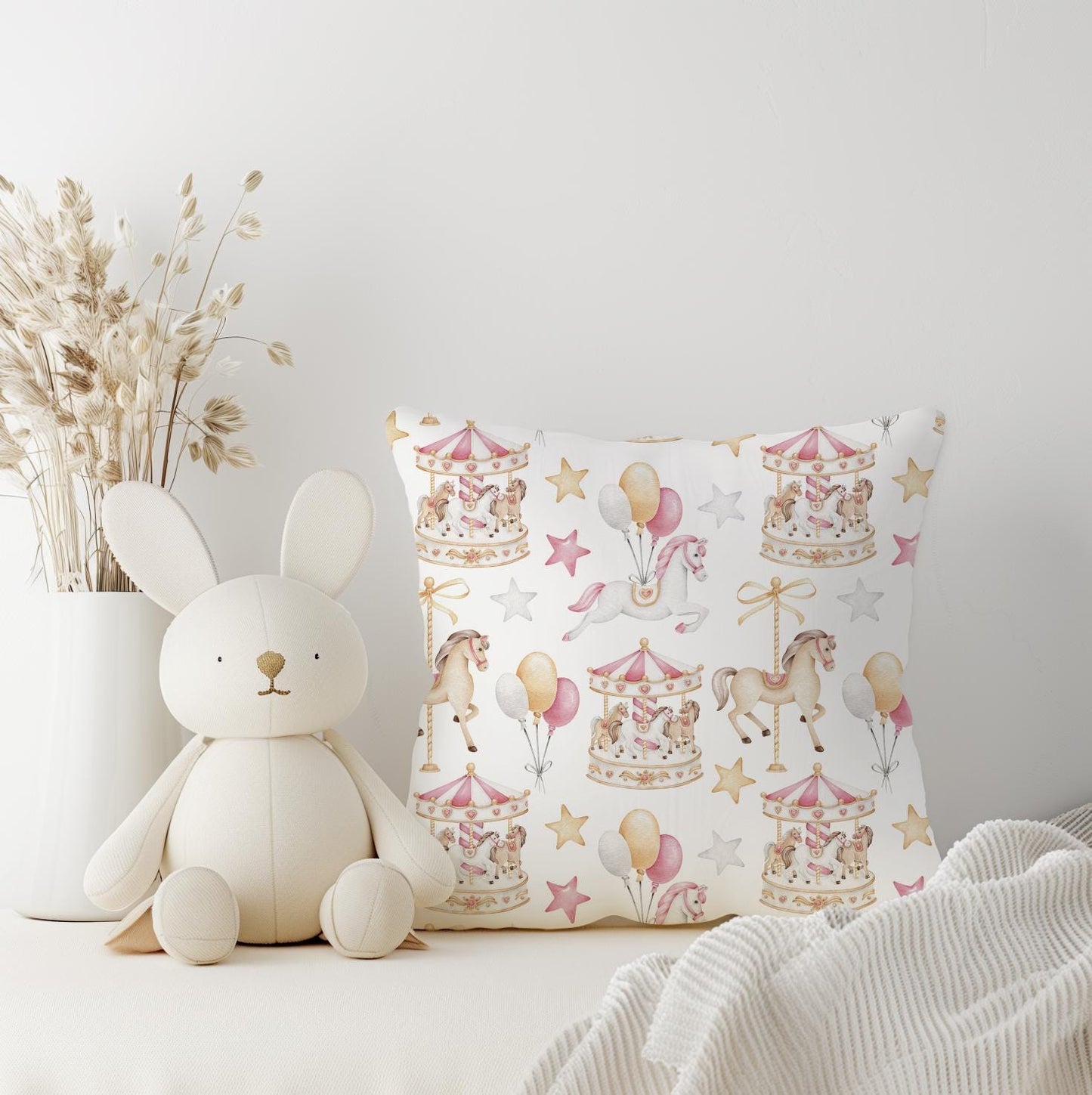 Carousel - PINK Pillow, kids square throw pillow decor, Children's Room Decor, Cotbed bedding, carousel Horse - Pink