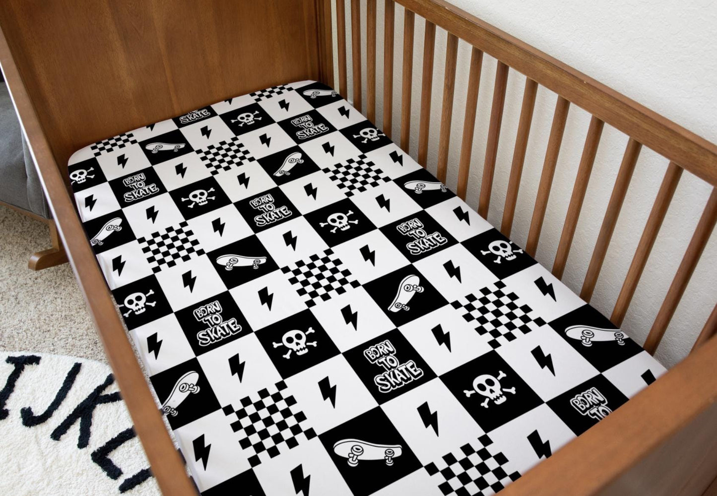 Born to Skate - Black Checkered (Almost Black) - Bedding, Duvet Covers, Fitted Sheets, Skateboard, Cool Bedding, Childrens decor, bedding