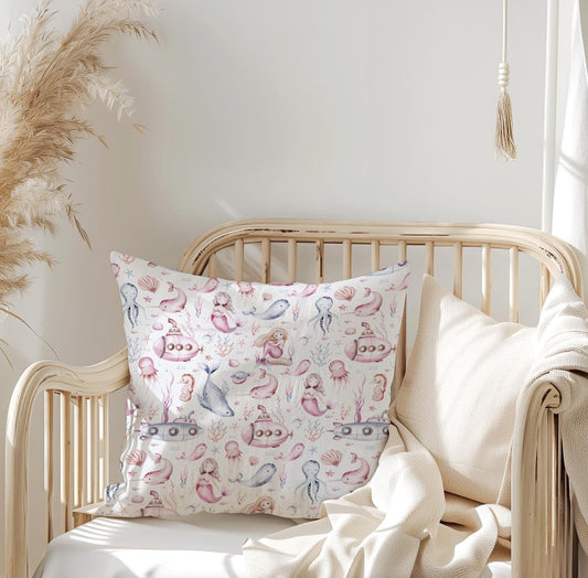 Pink Mermaids and Ocean - Square Pillow