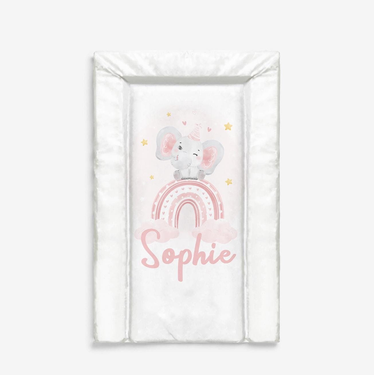 Personalised Elephant on Rainbow, Pink - Baby Changing Mat