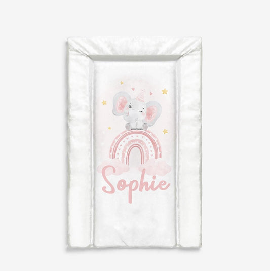 Personalised Elephant on Rainbow, Pink - Baby Changing Mat