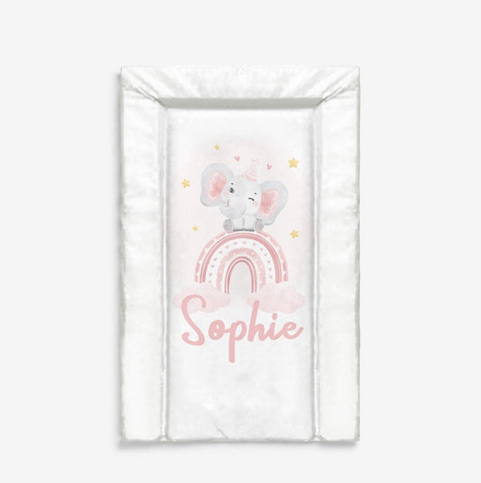 Personalised Elephant on Rainbow, Pink - Baby Changing Mat