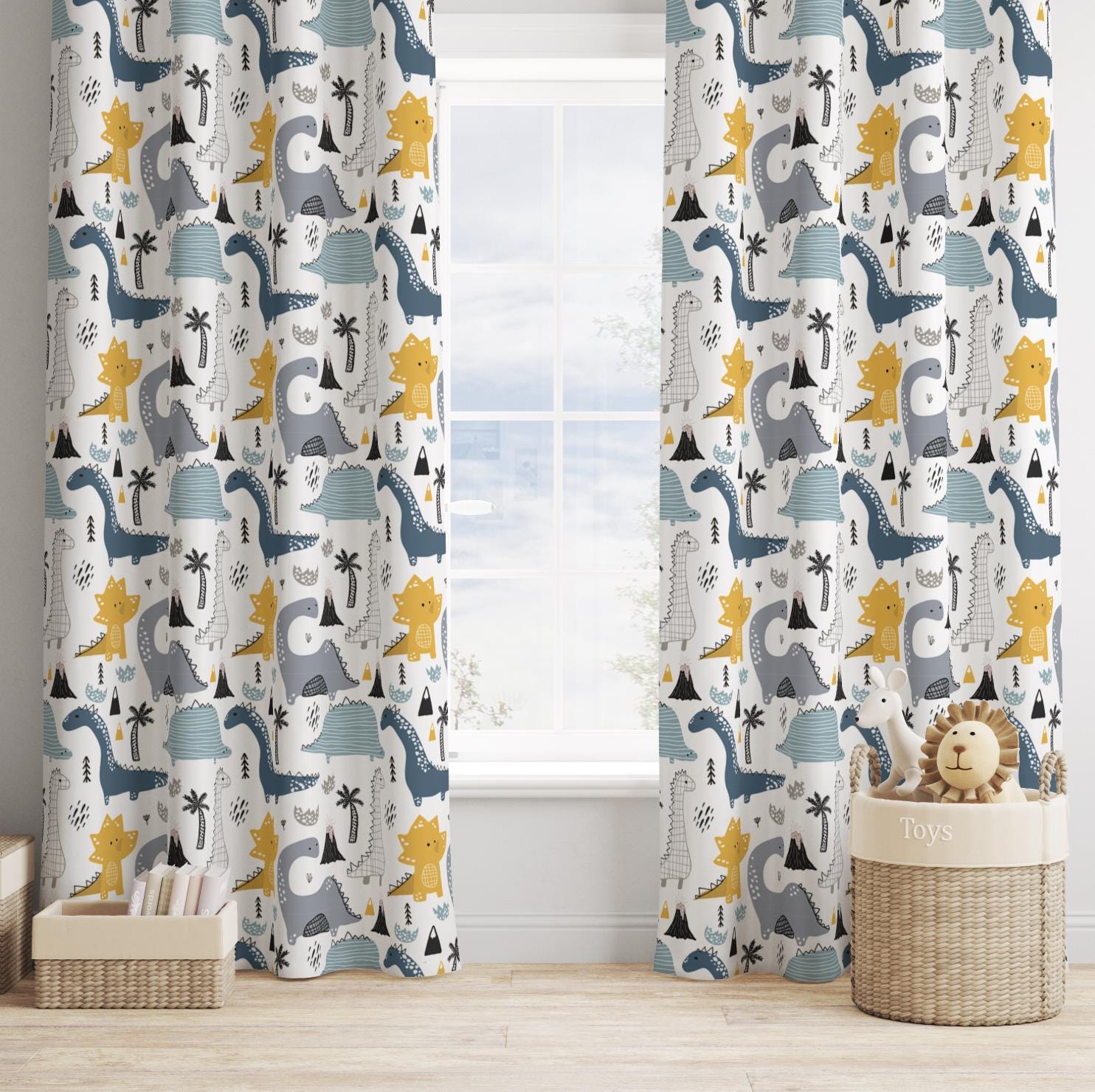 Blue and Yellow Dinosaur - Curtains (Standard or Blackout)