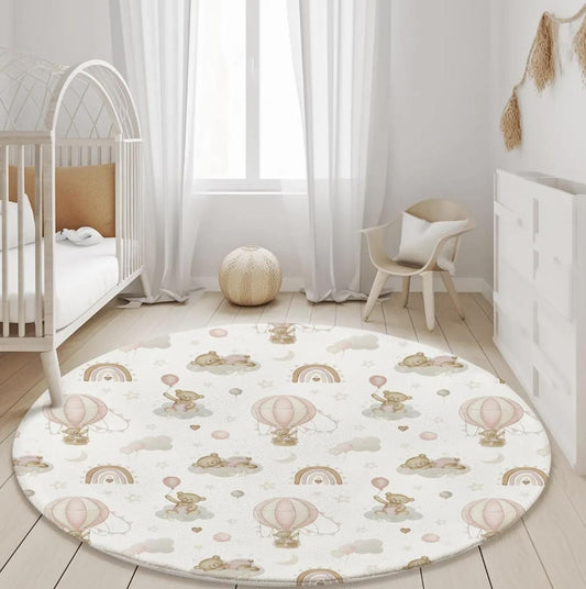 Multiple Hot Air Balloons, Pink Rainbow & Bears - Rug