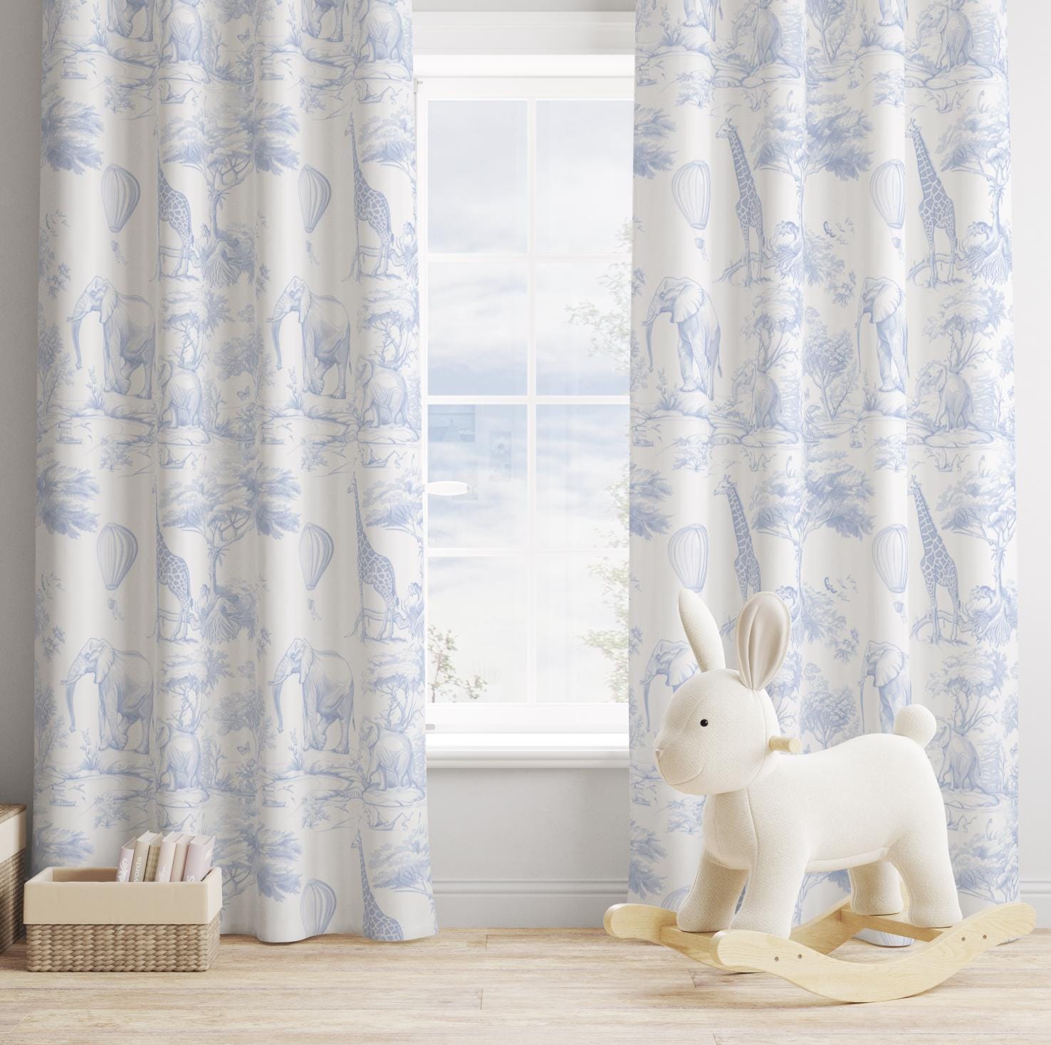 Safari Chinoiserie Toile de Jouy, Blue- Curtains (Standard or Blackout)