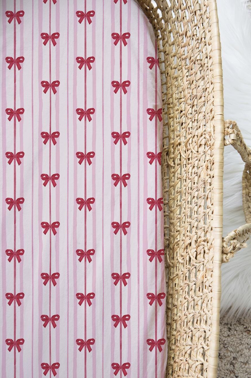 Pink Stripes with Bows - Baby Moses Basket Changing Mat (70x30cm)