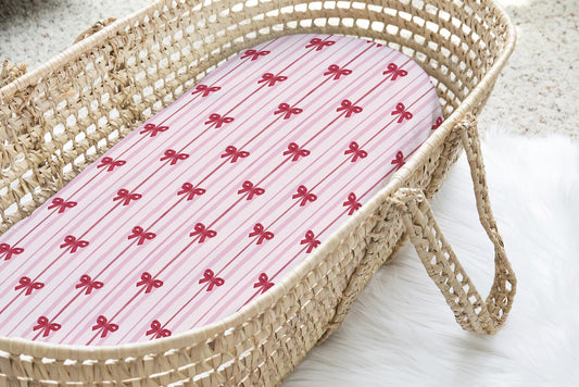 Pink Stripes with Bows - Baby Moses Basket Changing Mat (70x30cm)