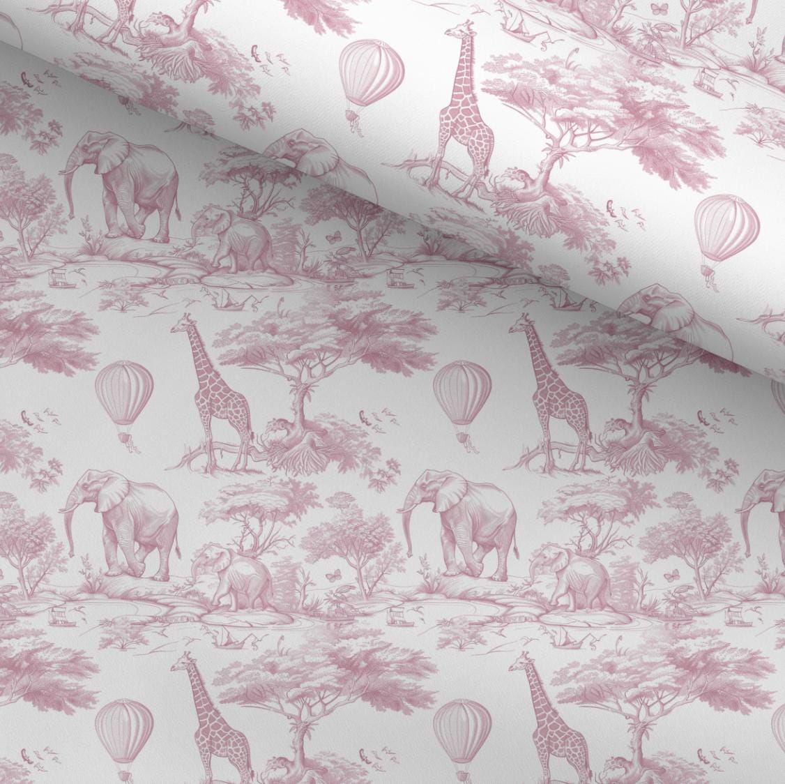 100% Cotton Fabric, Chinoiserie Toile de Jouy Safari - Deep Pink, Fabric, Baby Nursery Fabric, Quilting Fabric, 147cm Wide, Meter