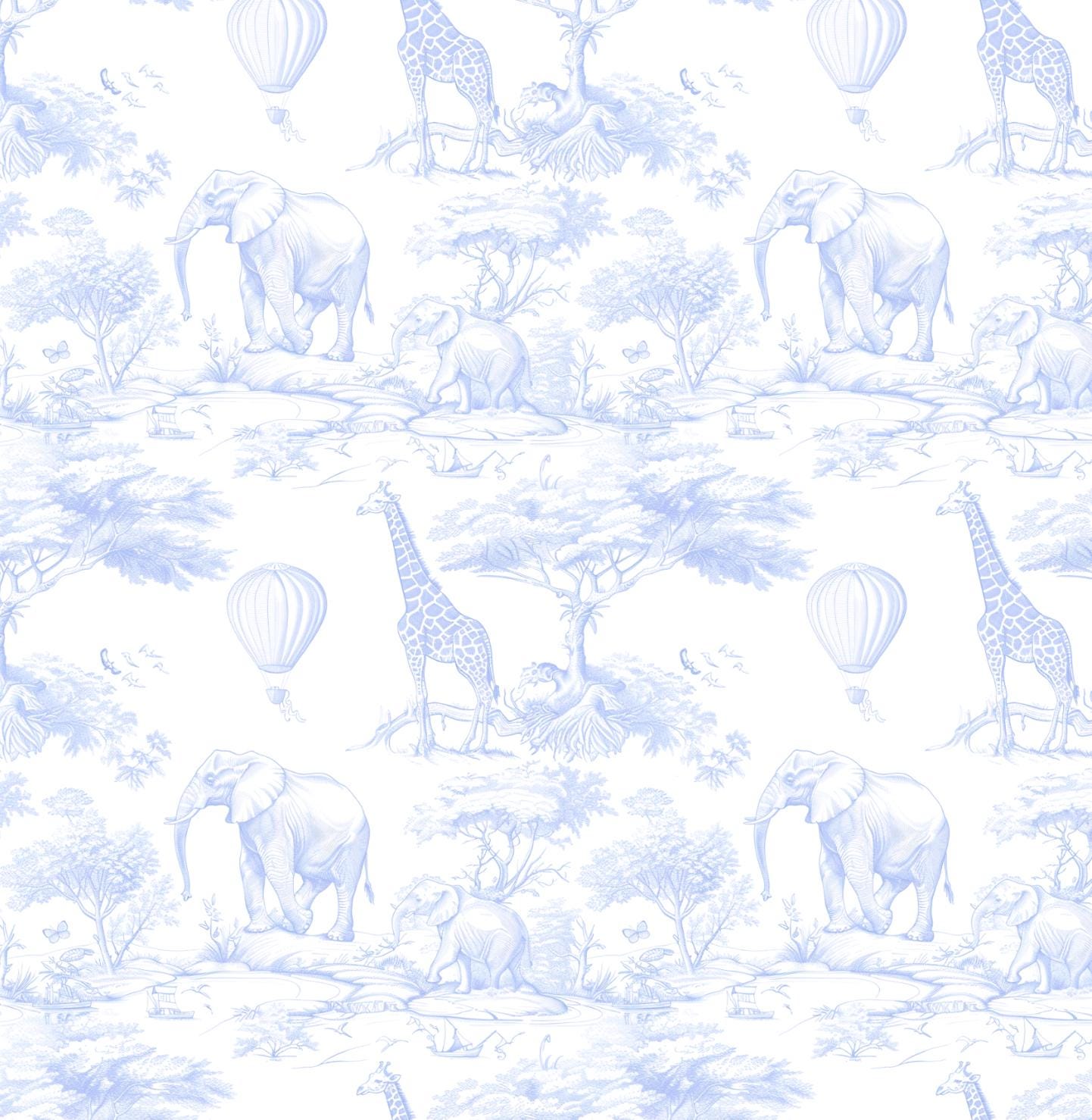 100% Cotton Fabric, Chinoiserie Toile de Jouy Safari - Blue, Fabric, Baby Nursery Fabric, Quilting Fabric, 147cm Wide, Meter