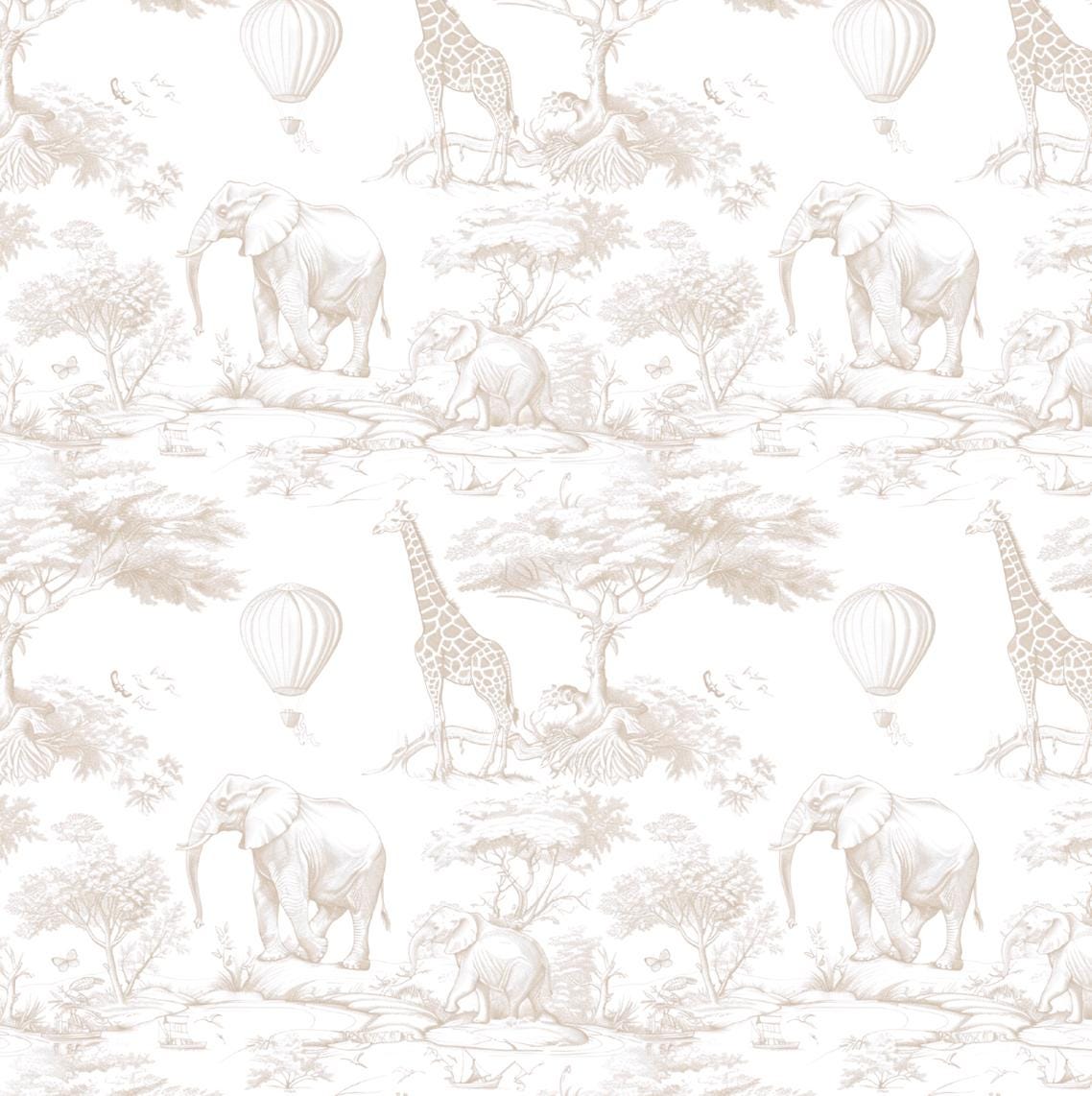 100% Cotton Fabric, Chinoiserie Toile de Jouy Safari - Beige, Fabric, Baby Nursery Fabric, Quilting Fabric, 147cm Wide, Meter