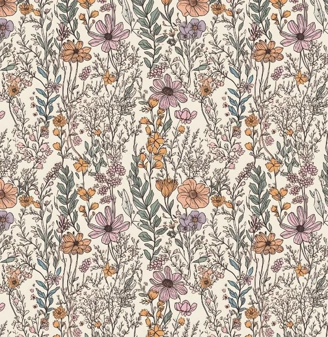 100% Cotton Fabric, Wild Flowers, Floral Fabric, Baby Nursery Fabric, Quilting Fabric, 147cm Wide, Meter