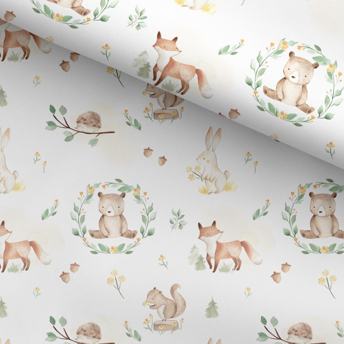 100% Cotton Fabric, Woodland Bears, Fabric, Baby Nursery Fabric, Quilting Fabric, 147cm Wide, Per Meter, Woodland Animals