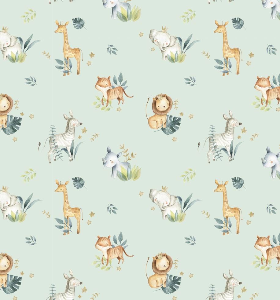 100% Cotton Fabric, Green Safari Animals with Leaves, Fabric, Baby Nursery Fabric, Quilting Fabric, 147cm Wide, Meter