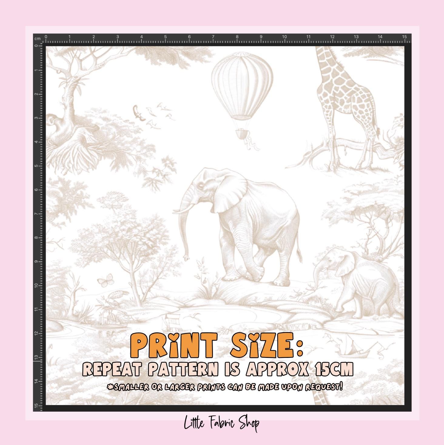 100% Cotton Fabric, Chinoiserie Toile de Jouy Safari - Beige, Fabric, Baby Nursery Fabric, Quilting Fabric, 147cm Wide, Meter