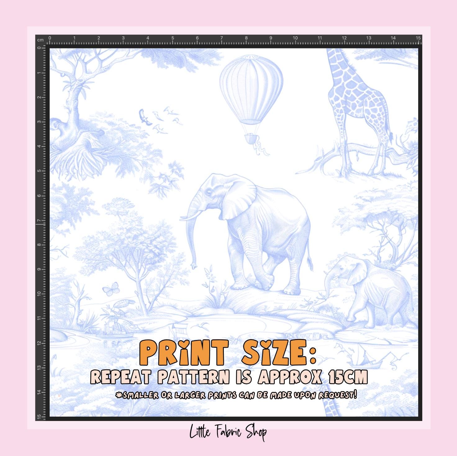 100% Cotton Fabric, Chinoiserie Toile de Jouy Safari - Blue, Fabric, Baby Nursery Fabric, Quilting Fabric, 147cm Wide, Meter