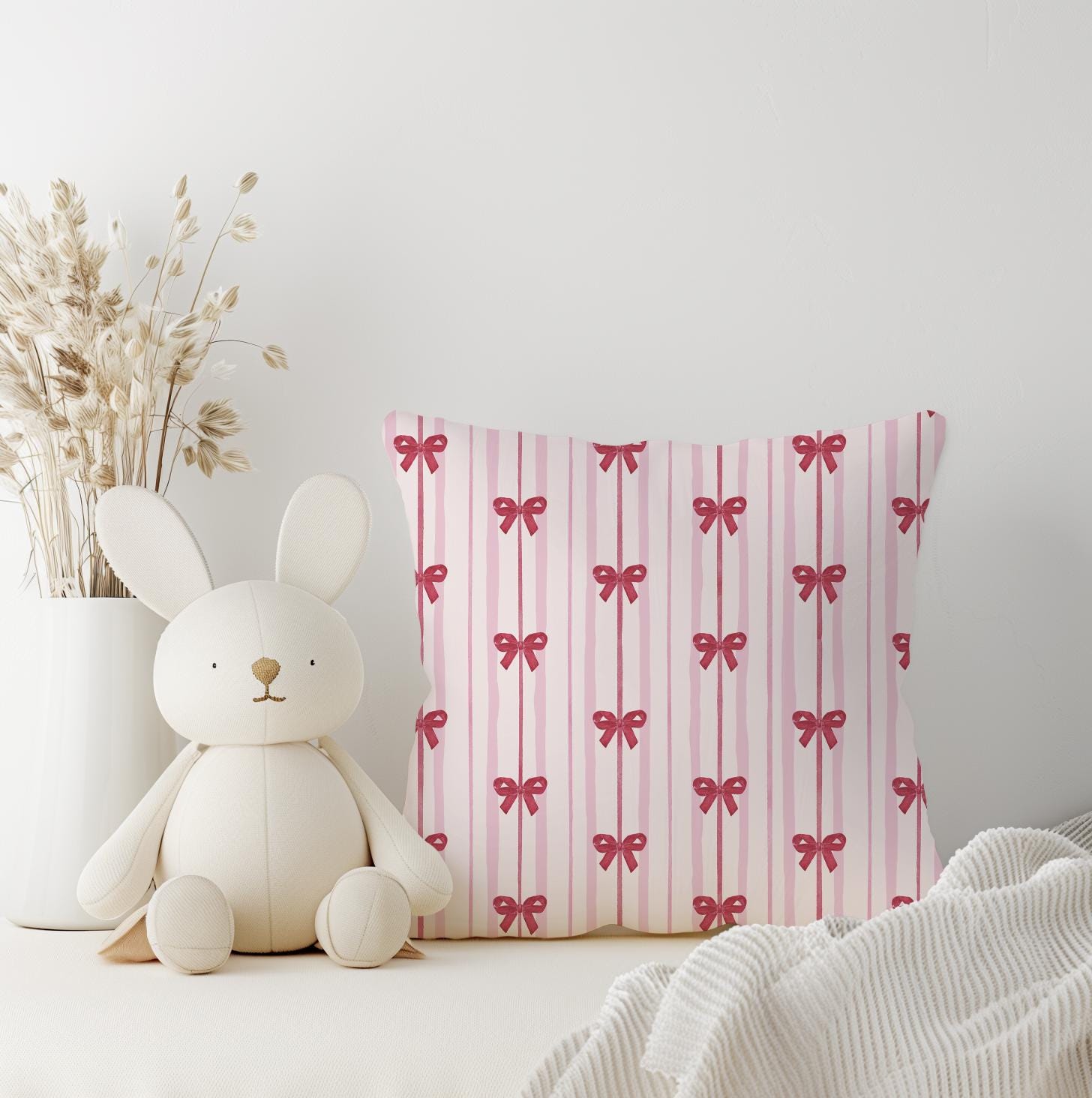 Pink Stripes with Red Bows - Square Pillow
