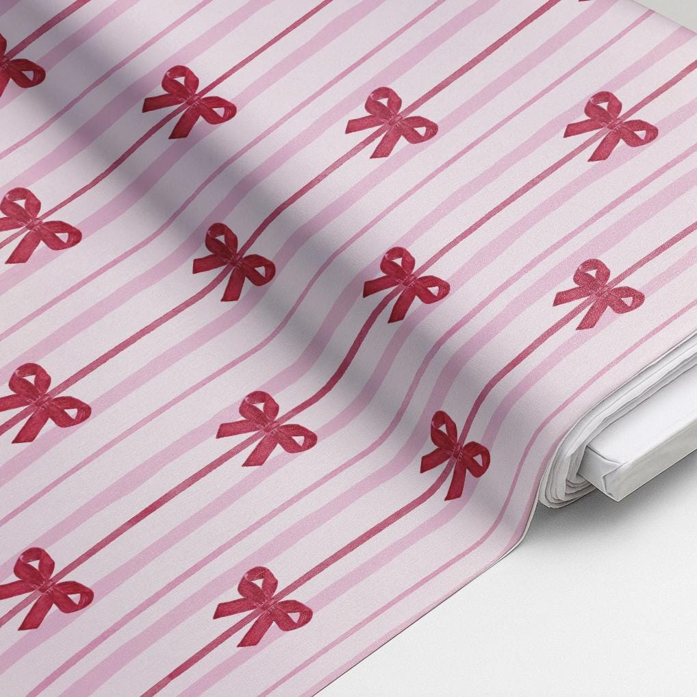 100% Cotton Fabric, Pink Stripes & Red Bows, Fabric, Baby Nursery Fabric, Quilting Fabric, 147cm Wide, Meter