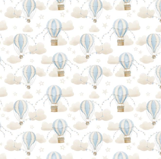 100% Cotton Fabric, Multiple Hot Air Balloon, BLUE, Fabric, Baby Nursery Fabric, Quilting Fabric, 147cm Wide, Meter