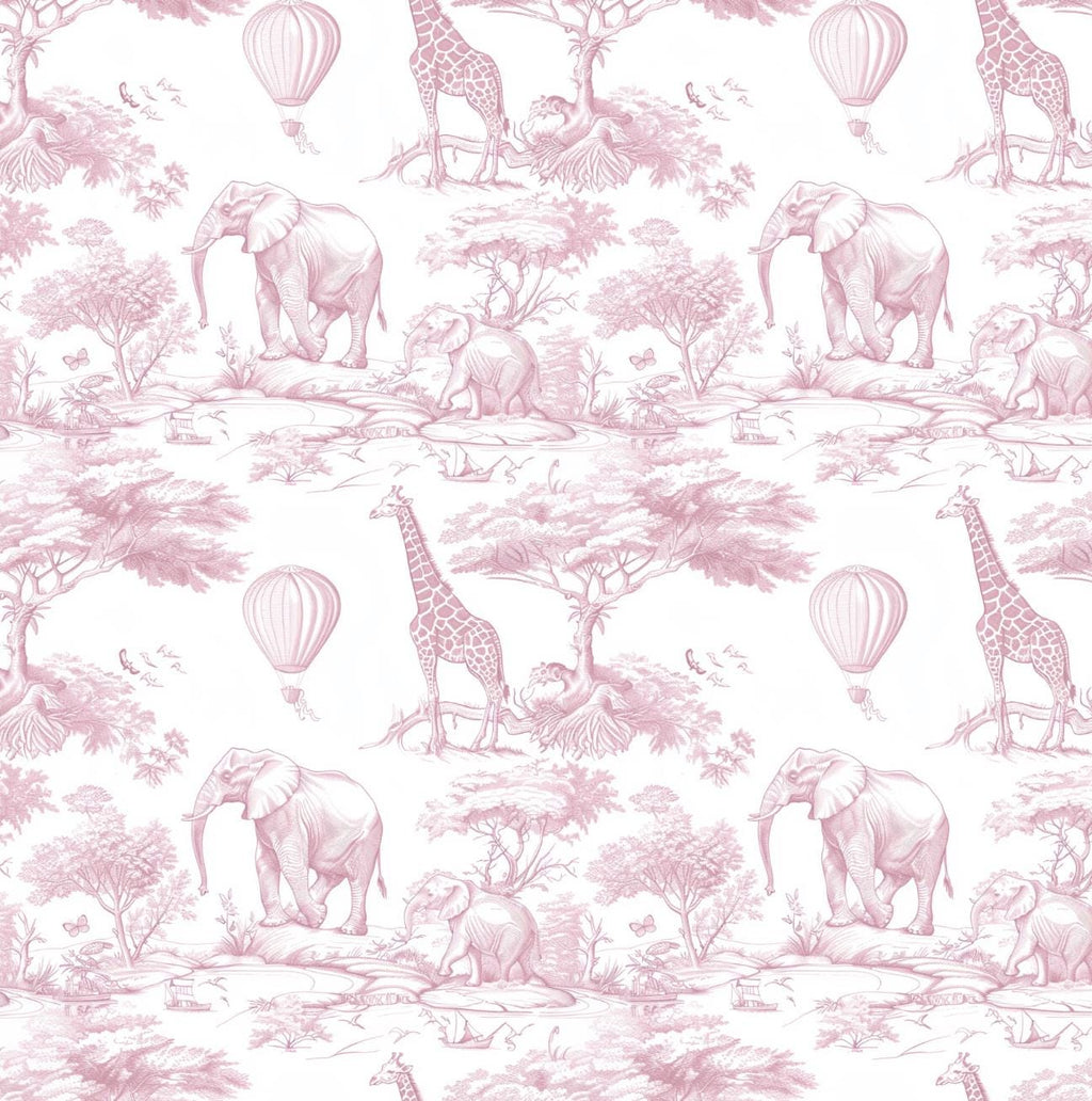 100% Cotton Fabric, Chinoiserie Toile de Jouy Safari - Deep Pink, Fabric, Baby Nursery Fabric, Quilting Fabric, 147cm Wide, Meter