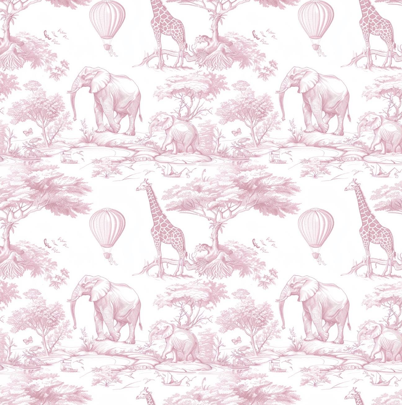 100% Cotton Fabric, Chinoiserie Toile de Jouy Safari - Deep Pink, Fabric, Baby Nursery Fabric, Quilting Fabric, 147cm Wide, Meter