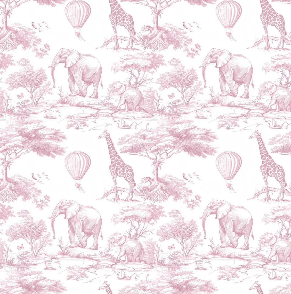 100% Cotton Fabric, Chinoiserie Toile de Jouy Safari - Deep Pink, Fabric, Baby Nursery Fabric, Quilting Fabric, 147cm Wide, Meter