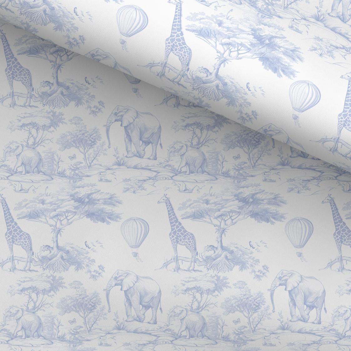 100% Cotton Fabric, Chinoiserie Toile de Jouy Safari - Blue, Fabric, Baby Nursery Fabric, Quilting Fabric, 147cm Wide, Meter