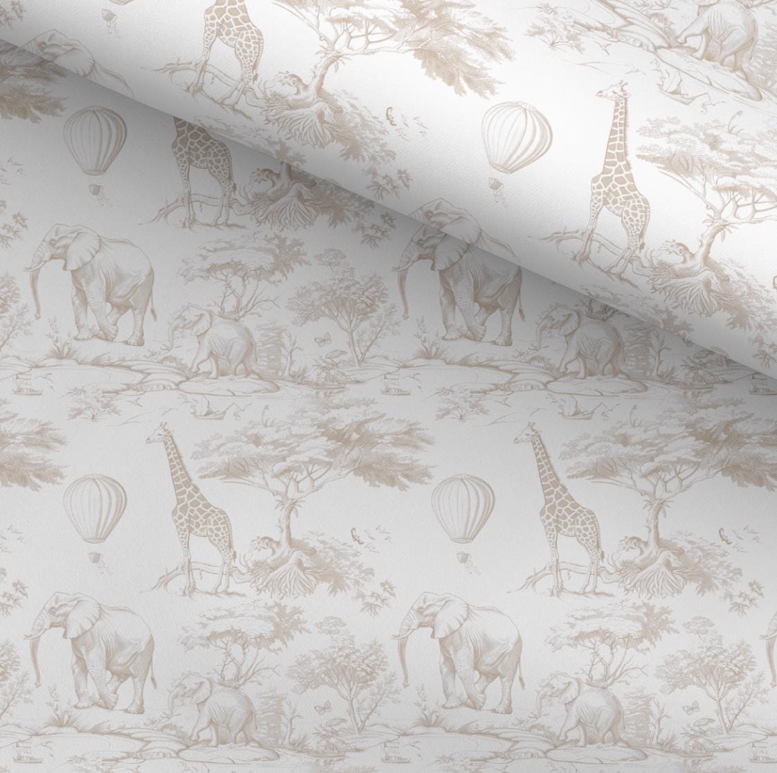 100% Cotton Fabric, Chinoiserie Toile de Jouy Safari - Beige, Fabric, Baby Nursery Fabric, Quilting Fabric, 147cm Wide, Meter