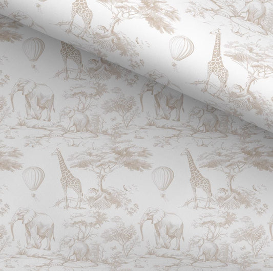 100% Cotton Fabric, Chinoiserie Toile de Jouy Safari - Beige, Fabric, Baby Nursery Fabric, Quilting Fabric, 147cm Wide, Meter