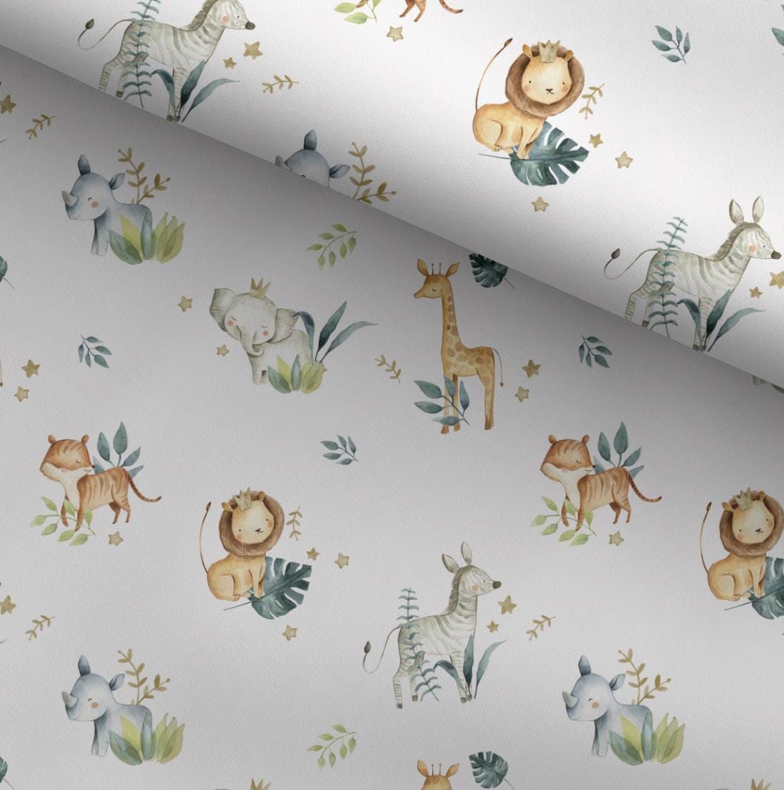 100% Cotton Fabric, Safari Animals with Leaves, Fabric, Baby Nursery Fabric, Quilting Fabric, 147cm Wide, Meter
