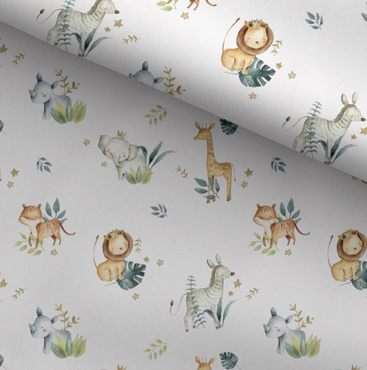 100% Cotton Fabric, Safari Animals with Leaves, Fabric, Baby Nursery Fabric, Quilting Fabric, 147cm Wide, Meter