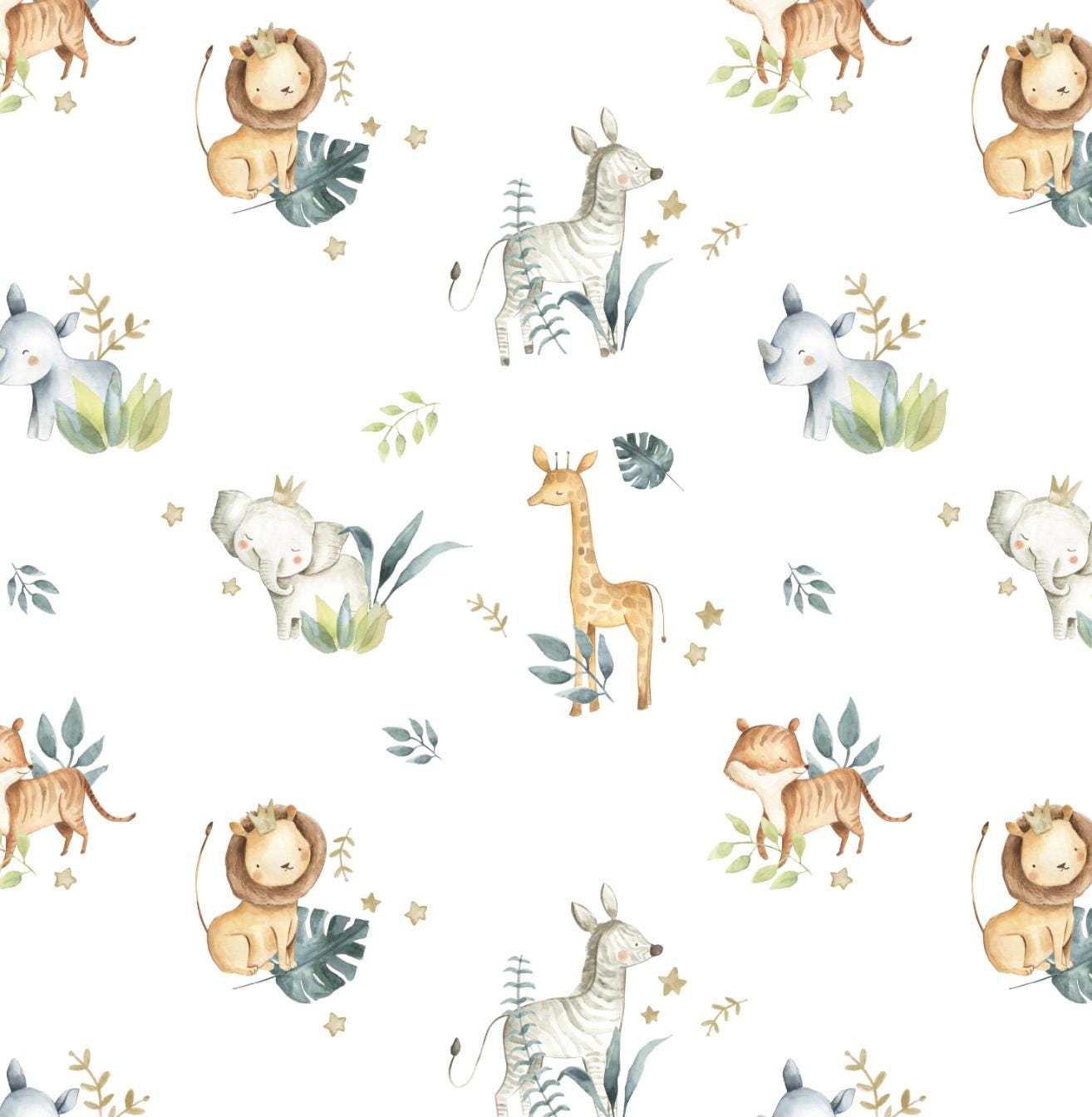 100% Cotton Fabric, Safari Animals with Leaves, Fabric, Baby Nursery Fabric, Quilting Fabric, 147cm Wide, Meter